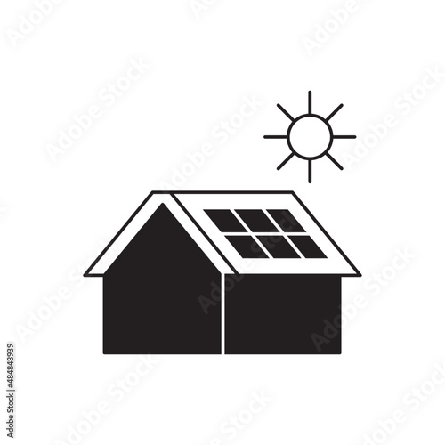 house with solar panel icon in black flat glyph, filled style isolated on white background