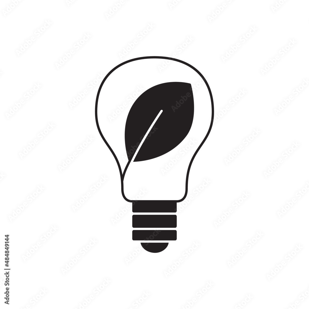 Leaf inside light bulb icon. Eco green leaf icon in black flat glyph, filled style isolated on white background Leaf inside light bulb icon. Eco green leaf icon in black flat glyph, filled style isolated on white background