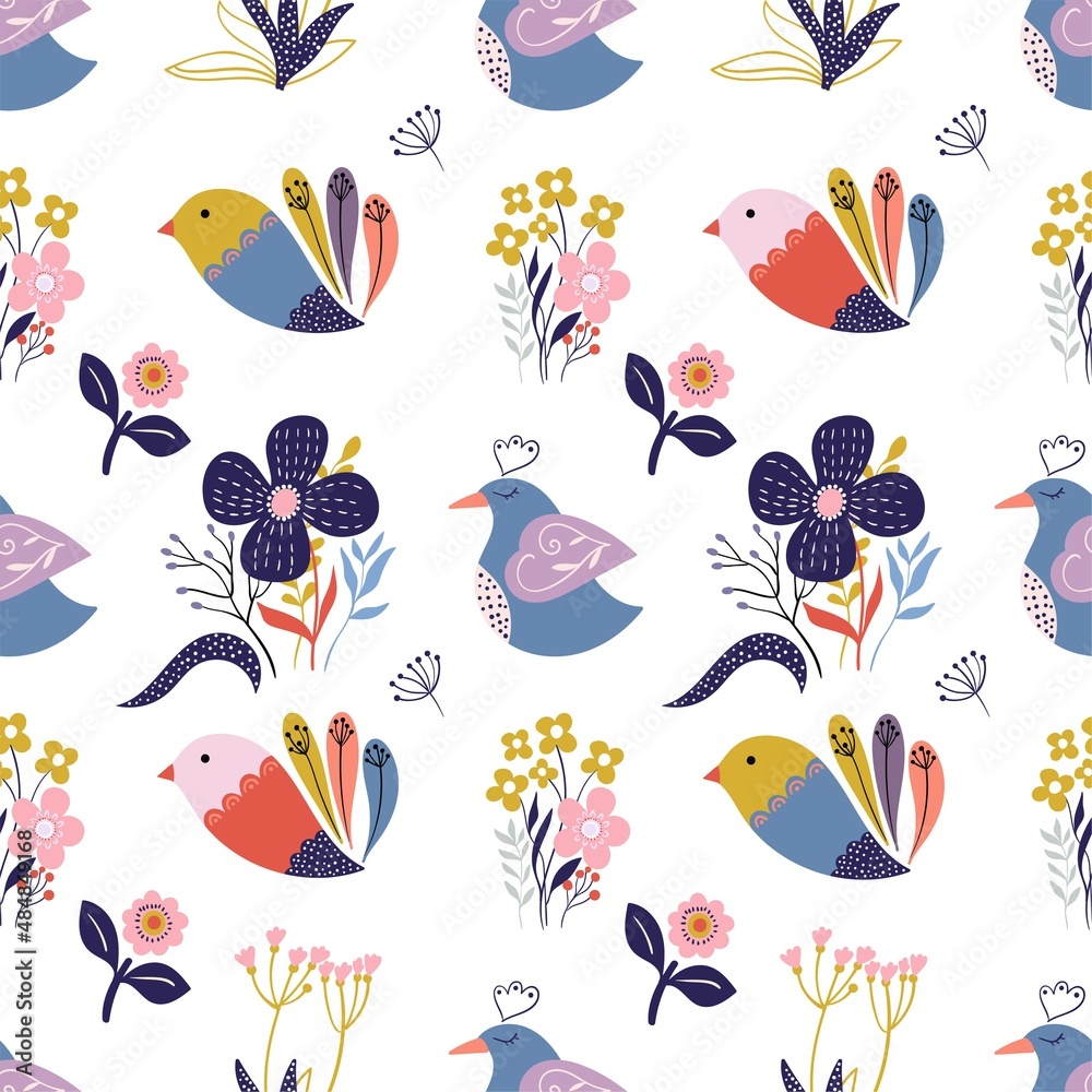 Fototapeta premium Spring seamless pattern with birds and flowers, folk style design, decorative wallpaper