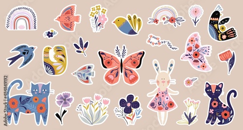 Spring collection with decorative stickers, folk style design, seasonal floral elements photo