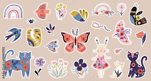 Spring collection with decorative stickers, folk style design, seasonal floral elements