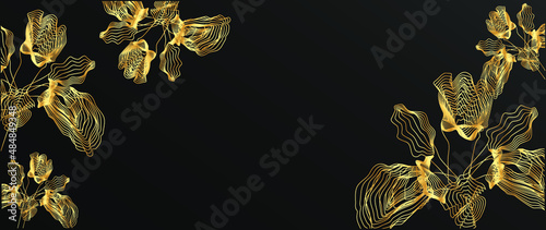 Flowers iris abstract art background. Luxury black and gold wallpaper. Futuristic art flowers, elegant continuous line design for invitations, celebrations, postcards, wall decorations.
