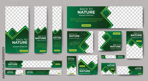 Nature banner design web template Set, Horizontal header web banner. Modern Gradient green cover header background for website design, Social Media Cover ads banner, flyer, invitation card