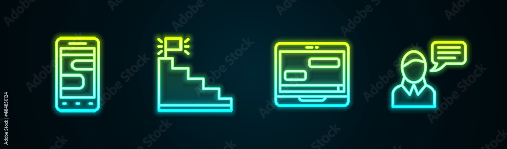 Set line Chat messages on phone, Stair with finish flag, laptop and Speech bubble chat. Glowing neon icon. Vector Set line Chat messages on phone, Stair with finish flag, laptop and Speech bubble chat. Glowing neon icon. Vector