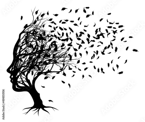 Optical Illusion Tree Face With Leaves Blowing