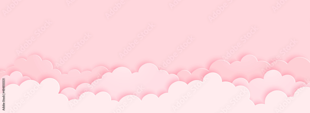 Light pink clouds on pink sky background paper cut style