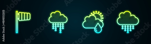 Set line Cone windsock wind vane, Cloud with rain, and sun and . Glowing neon icon. Vector