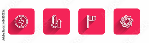 Set line Lightning bolt, Meteorology thermometer, Cone windsock wind vane and Tornado with long shadow. Red square button. Vector