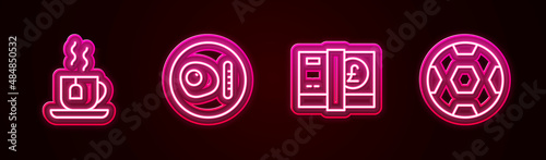 Set line Cup of tea with tea bag, British breakfast, Pound sterling money and Football ball. Glowing neon icon. Vector