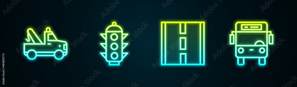 Set line Tow truck, Traffic light, Road and Bus. Glowing neon icon. Vector Set line Tow truck, Traffic light, Road and Bus. Glowing neon icon. Vector