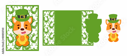 St. Patrick's Day dog laser cutting invitation card template. Paper cut out silhouette for plotter and silk screen printing. Vector stock illustration.