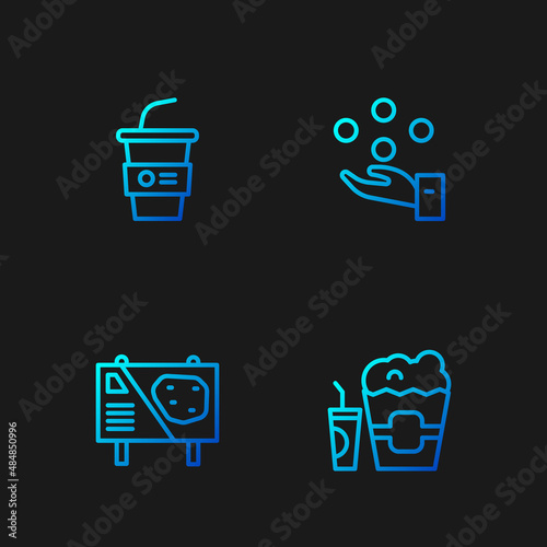 Set line Popcorn in box and glass, Amusement park billboard, Paper with water and Juggling ball. Gradient color icons. Vector