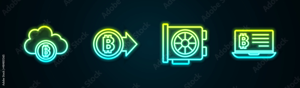 Set line Cryptocurrency cloud mining, Bitcoin, Video graphic card and Mining bitcoin from laptop. Glowing neon icon. Vector Set line Cryptocurrency cloud mining, Bitcoin, Video graphic card and Mining bitcoin from laptop. Glowing neon icon. Vector