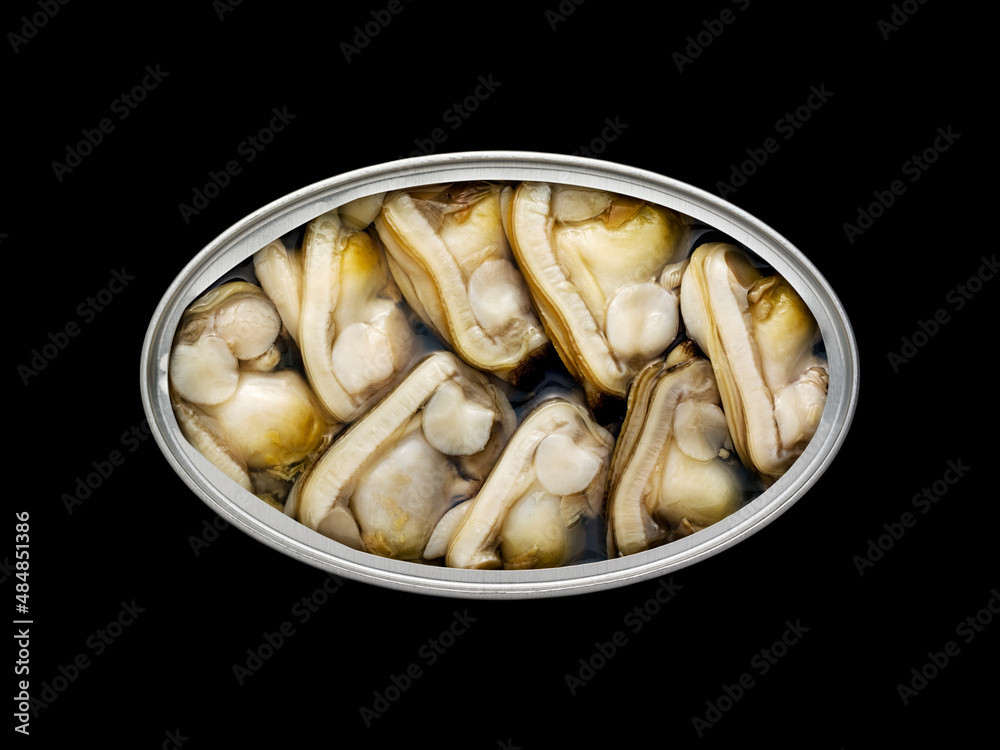 Overhead view of a tin can with clams inside on a black background so that it can be silhouetted and the background can be changed. Overhead view of a tin can with clams inside on a black background so that it can be silhouetted and the background can be changed.