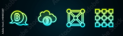 Set line Bitcoin, Cryptocurrency cloud mining, Blockchain technology and . Glowing neon icon. Vector