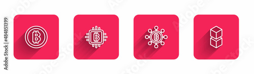 Set line Bitcoin, CPU mining farm, Blockchain technology and with long shadow. Red square button. Vector