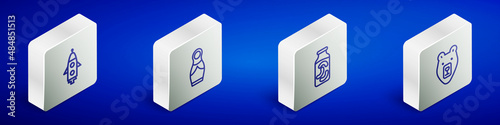 Set Isometric line Rocket ship, Russian doll matryoshka, Pickled cucumbers in jar and Bear head icon. Vector