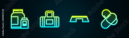Set line Sports nutrition, bag, Step platform and . Glowing neon icon. Vector