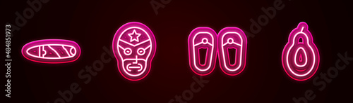 Set line Cigar, Mexican wrestler, Flip flops and Avocado. Glowing neon icon. Vector