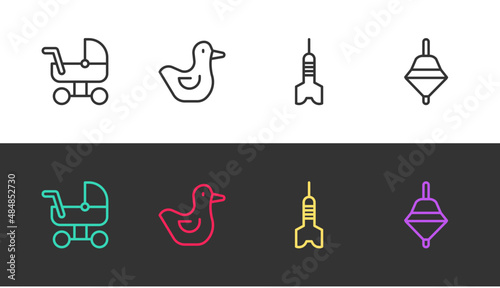 Set line Baby stroller, Rubber duck, Dart arrow and Whirligig toy on black and white. Vector