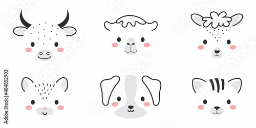 Cute collection of cartoon animal faces. Party decor for children. Childish print for cards, stickers, invitation, nursery decoration. Vector illustration.
