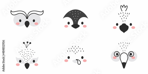 Cute collection of cartoon animal faces. Party decor for children. Childish print for cards, stickers, invitation, nursery decoration. Vector illustration.