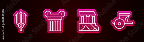 Set line Neptune Trident, Ancient column, Parthenon and chariot. Glowing neon icon. Vector