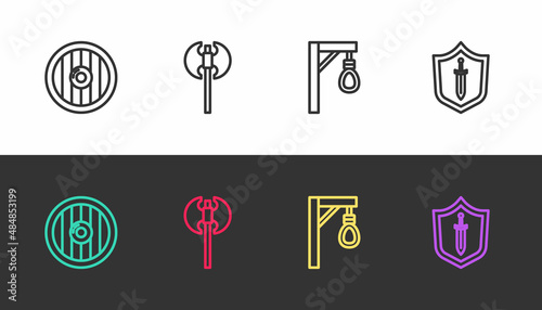 Set line Round wooden shield, Medieval axe, Gallows and with sword on black and white. Vector