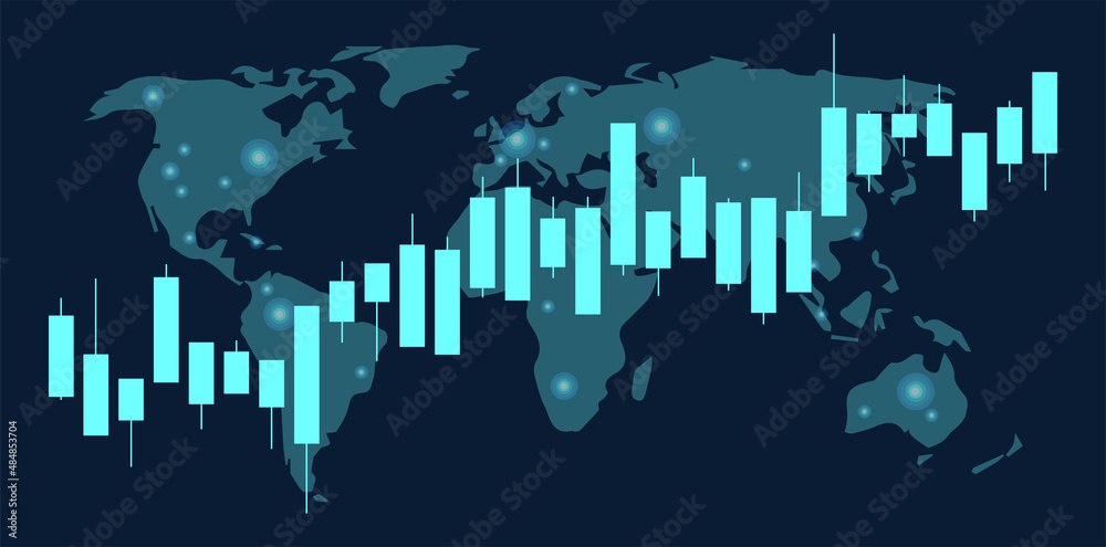 World map electronic systems business candle stick graph chart of stock. Business candle stick graph chart of stock market investment trading on dark background design. Bullish point, Trend of graph.