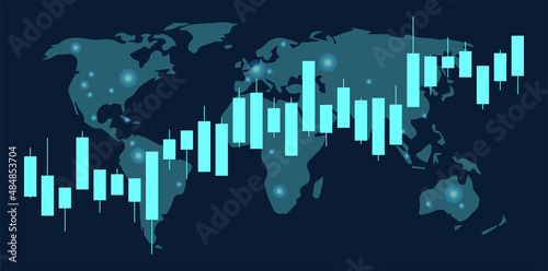 World map electronic systems business candle stick graph chart of stock. Business candle stick graph chart of stock market investment trading on dark background design. Bullish point  Trend of graph.