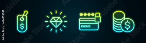 Set line Price tag with dollar, Diamond, Credit card lock and Coin money. Glowing neon icon. Vector