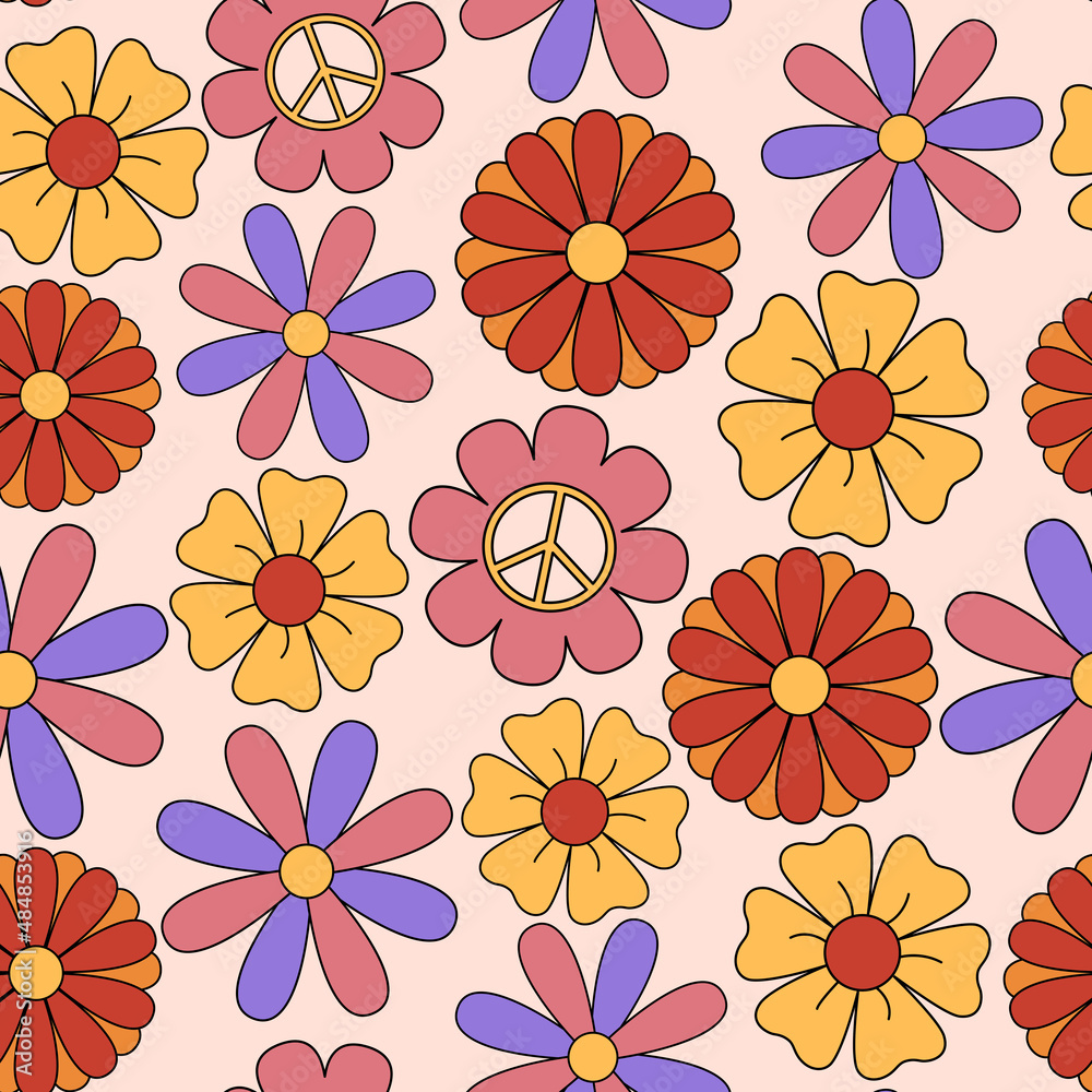 Retro 70s seamless pattern, hippie background with simple flowers. Great for fabrics and packaging. Retro 70s seamless pattern, hippie background with simple flowers. Great for fabrics and packaging.