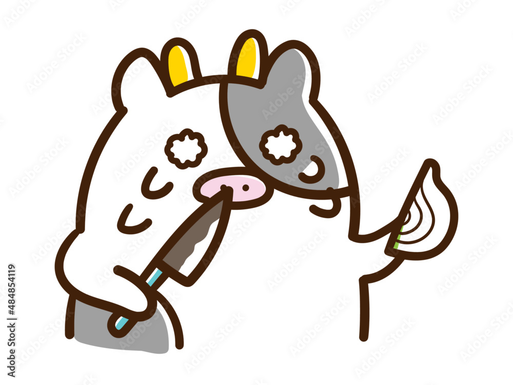 玉ねぎを切って涙目になるかわいいうしの手書き風イラスト Stock Vector Adobe Stock
