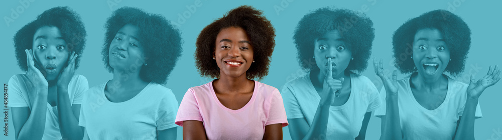 Portrait of friendly black woman with curly hair, collage Portrait of friendly black woman with curly hair, collage