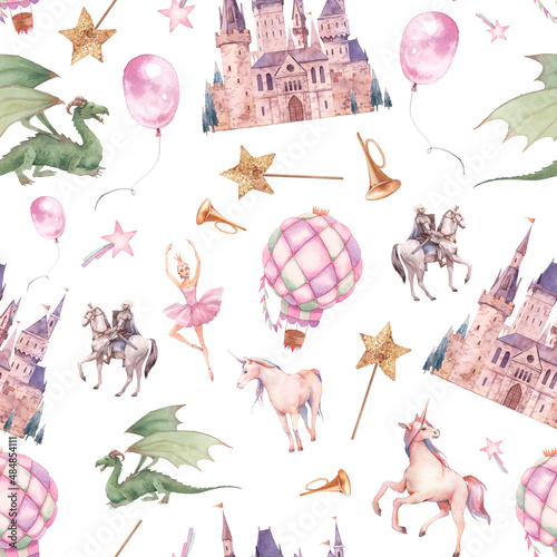 Watercolor fairytale seamless pattern. Baby girl cartoon texture: castle, unicorns, dragons, knight, princess, stars, balloons. Fantasy wallpaper design