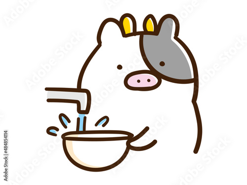 ボウルに水を入れるかわいいうしの手書き風イラスト