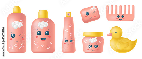 Set of 3d baby toiletries and packaging for skin and hair care isolated on white background. Shampoo and soap. Stock vector illustration.