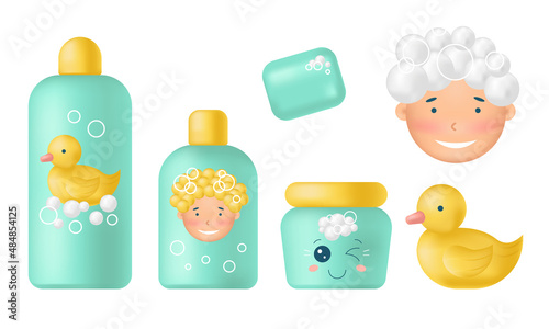 Set of 3d baby toiletries isolated on white background.Shampoo and soap.Stock vector illustration. 