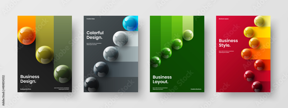 Unique 3D balls flyer template set. Multicolored catalog cover A4 vector design layout bundle.