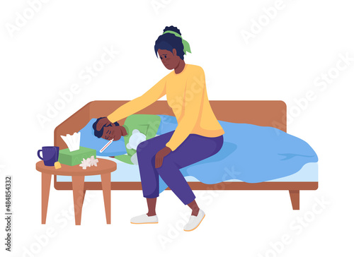 Mom caring for sick kid semi flat color vector character. Two figures. Full body people on white. Common situations isolated modern cartoon style illustration for graphic design and animation