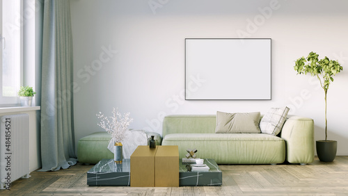 Modern interior of a room with an empty painting. Sofa and large window, wooden floor and wall. Clean lines of interior design. 3D rendering