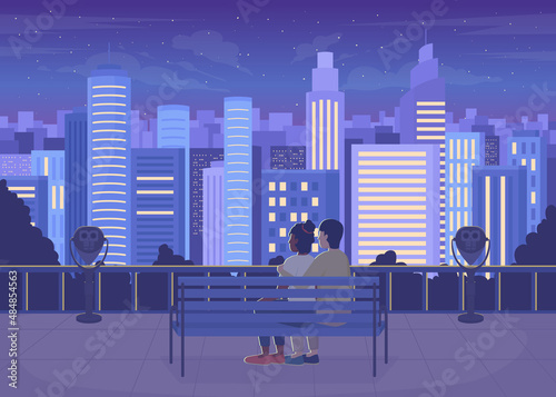 Romantic date night on rooftop flat color vector illustration. Star-observing spot. Spending time with beloved under stars. Couple embracing 2D simple cartoon characters with townscape on background