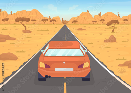 Automobile on desert road flat color vector illustration. Safe transportation. Domestic travel. Red car driving on road 2D simple cartoon object with desert-like landscape on background