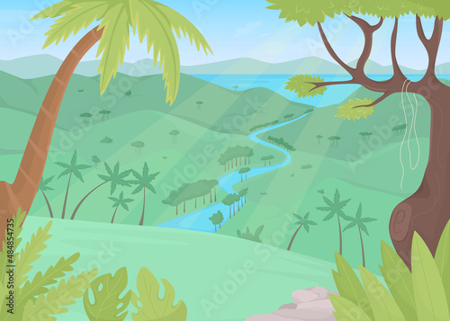 Tropical rainforest flat color vector illustration. Natural paradise. Undeveloped jungle environment. Wildlife spotting. Forested 2D simple cartoon landscape with river and lush foliage on background
