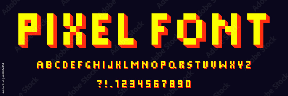 Pixel game alphabet. Pixel 3d retro font. 8-bit style. vector illustration