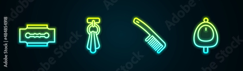 Set line Blade razor, Towel on hanger, Hairbrush and Toilet urinal pissoir. Glowing neon icon. Vector