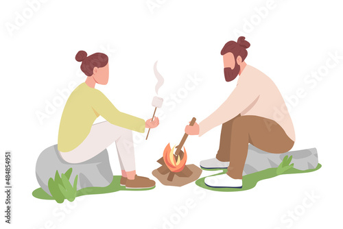 Couple roasting marshmallows on sticks semi flat color vector characters. Sitting figures. Full body people on white. Simple cartoon style illustration for web graphic design and animation