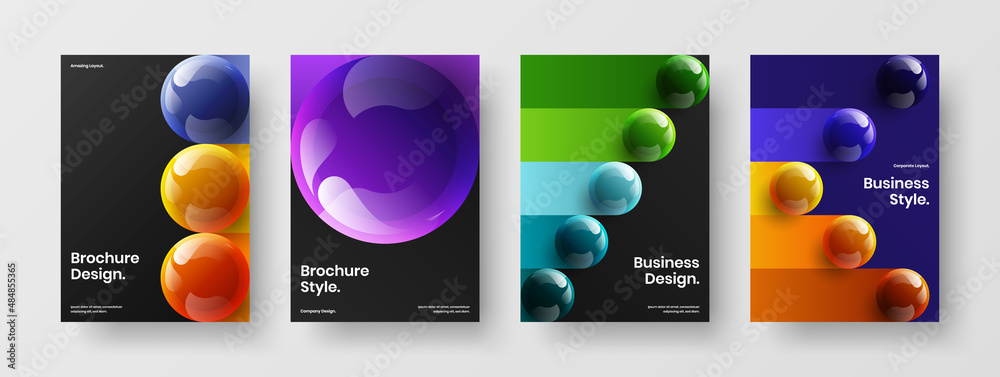 Abstract booklet A4 design vector illustration set. Geometric realistic spheres presentation template composition.