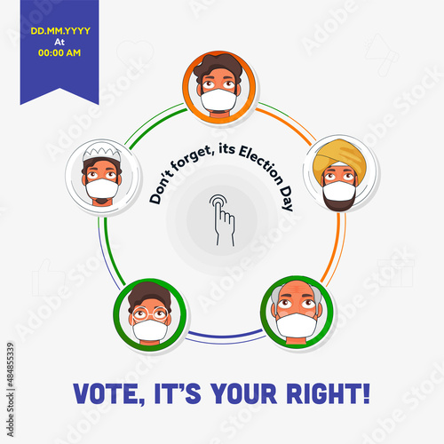 Don't Forget It's Election Day Vote For Your Rights With Different Religion Men Wearing Mask In Circular Shape.