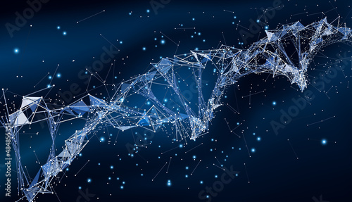 Blue DNA with polygon line on black abstract background. Connection structure. Vector science background.